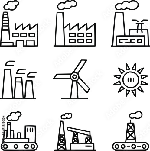 Energy & Industry Outline Icons  Factories and Power Plants
