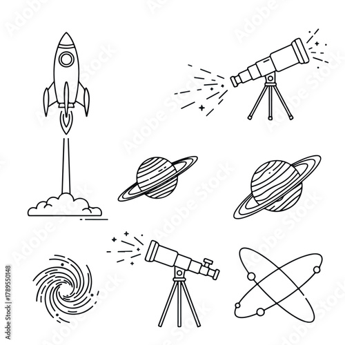 Set of Hand Drawn Space and Science Doodle Icons.