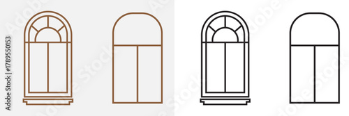 Set of arched window icons in black and brown. Collection of four stylized arched window icons in black and brown tones, representing architecture, home design, and decorative elements.

