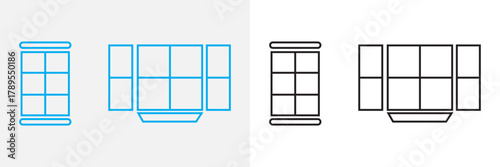 Set of arched window icons in black and sky. Collection of four stylized arched window icons in black and sky tones, representing architecture, home design, and decorative elements.

