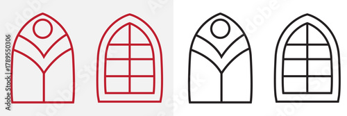 Set of arched window icons in black and red. Collection of four stylized arched window icons in black and red tones, representing architecture, home design, and decorative elements.

