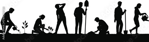 Silhouette people gardening, planting trees and watering plants, teamwork community illustration promoting nature care, sustainability, and environmental protection in outdoor garden activity