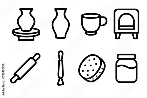 Ceramic Art Tools. Ceramic Art Set linear icon set: pottery wheel, vase, cup, kiln, rolling pin, carving tool, sponge, glaze jar.