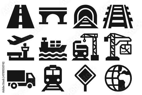 Brutalist Transport Icons. Transport Infrastructure silhouette icon set: highway, bridge, tunnel, railway, airport, seaport, crane, truck, train, road sign, map, globe.