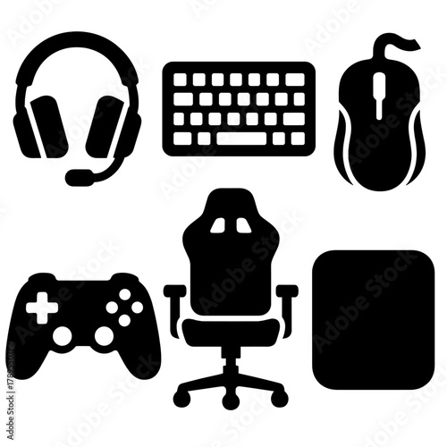 Bold Gaming Gear Icons. Gaming Gear silhouette icon set: gaming headset, RGB keyboard, gaming mouse, controller, gaming chair, mouse pad.