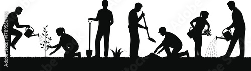 Silhouette people planting trees, watering plants, digging soil, gardening teamwork vector illustration showing environmental care, community work, sustainability, 