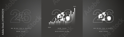 2026 Happy New Year modern overlap line design numbers typography. Set collection of 2026 business strategy plan white grey black icon logo for calendar, poster, banner and social media template