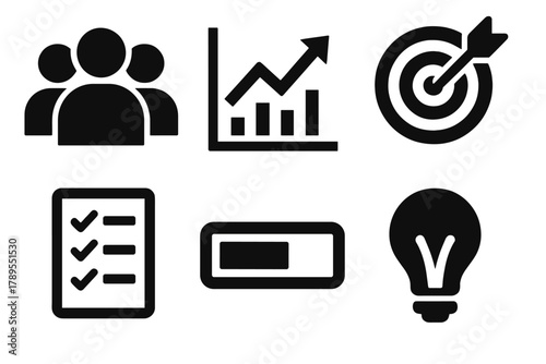 Bold Team Icons. Team performance silhouette icon set: group of people, chart lines, target board, checklist, progress bar, light bulb.