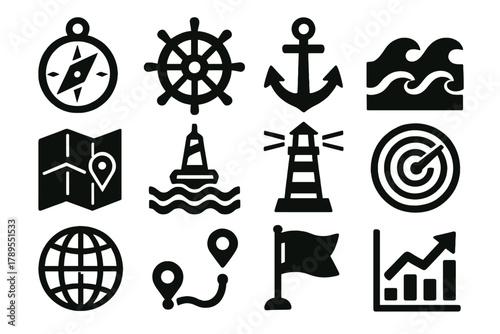 Bold Nautical Icon Set. Maritime Navigation silhouette icon set: compass, ship wheel, anchor, wave, map, buoy, lighthouse, radar, globe, route line, flag, chart.