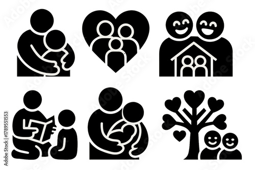 Family Icon Set. Family Affection silhouette icon set: parent hugging child, family heart, shared laughter, home warmth, storytelling scene, baby cuddle, heart tree, smiling group.