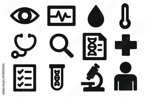Brutalist Medical Icons. Early Detection silhouette icon set: eye icon, heartbeat monitor, drop of blood, thermometer, stethoscope, magnifying glass, lab result, medical cross,