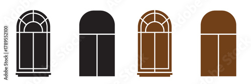 Set of arched window icons in black and brown. Collection of four stylized arched window icons in black and brown tones, representing architecture, home design, and decorative elements.

