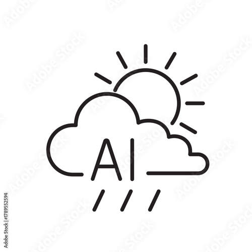 A line icon of a sun behind a cloud labeled AI, representing smart weather forecasts for holiday planning