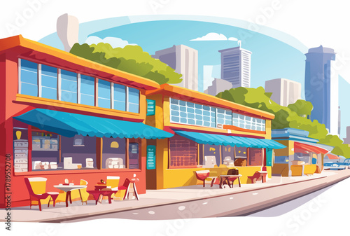 Charming urban street scene with colorful cafe and restaurant storefronts, inviting outdoor seating, and modern city skyline, perfect for lifestyle branding