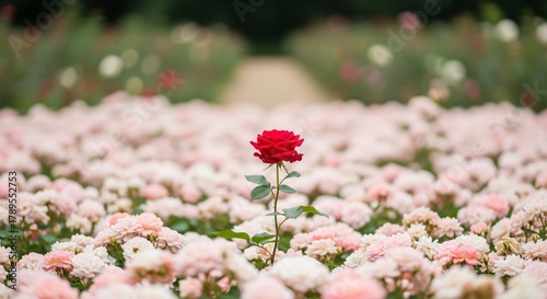 A single red rose stands out in a field of soft pink and white roses, with a path leading into the distance