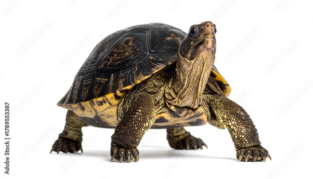 Obraz premium Focused Turtle Portrait on White Background, Capturing Natural Beauty.
