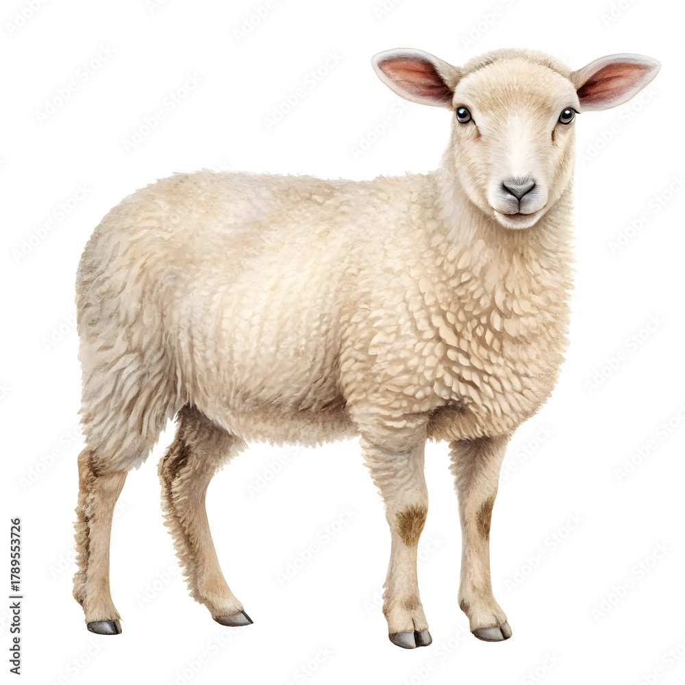 Fototapeta premium Watercolor Sheep Standing Facing Forward isolated on a transparent background