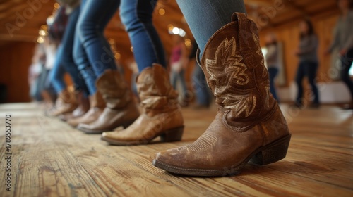 People wearing cowboy boots dancing in a barn