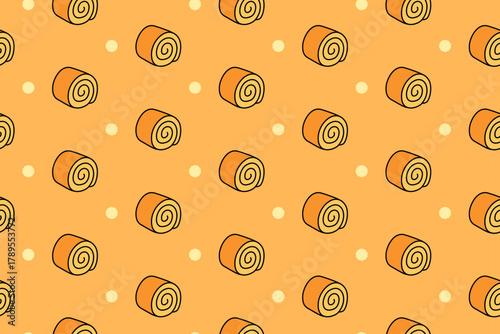 Cinnamon roll colorful illustration pattern on yellow background set for bakery. Chiffon dessert cartoon vector pattern background for pastry. Sweet bun swirl doodle isolated motif for cafeteria