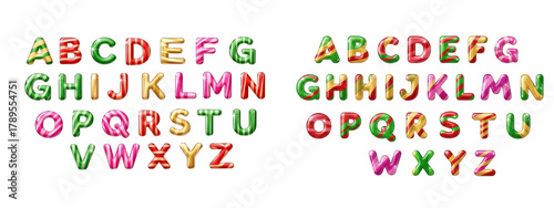 Two versions of alphabet letter balloons in various colors are displayed, The letters are presented in two rows, showing the full alphabet from A to Z. Christmas theme
