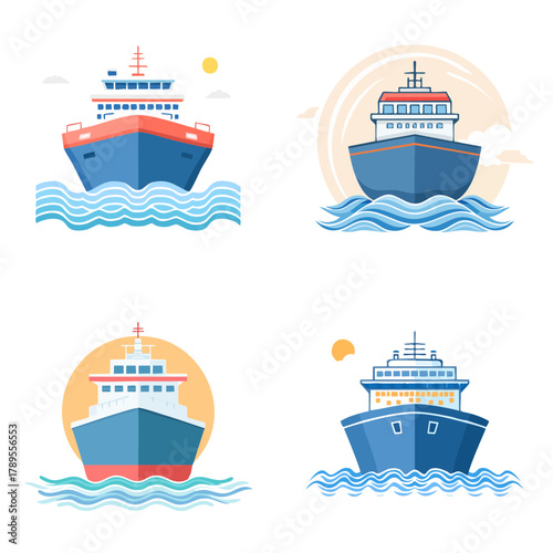 Set of front view cargo freighter ships sailing through ocean waves, minimal flat vector design with bold shapes and clean lines, maritime transportation illustration.