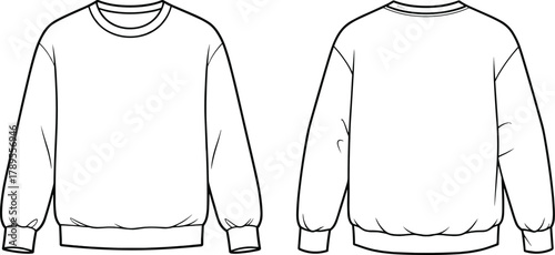 Technical Fashion CAD Drawing of a Relaxed Fit Crew Neck Sweatshirt with Dropped Shoulders, Front and Back View, Vector Flat Illustration Template, Apparel Design Mockup.