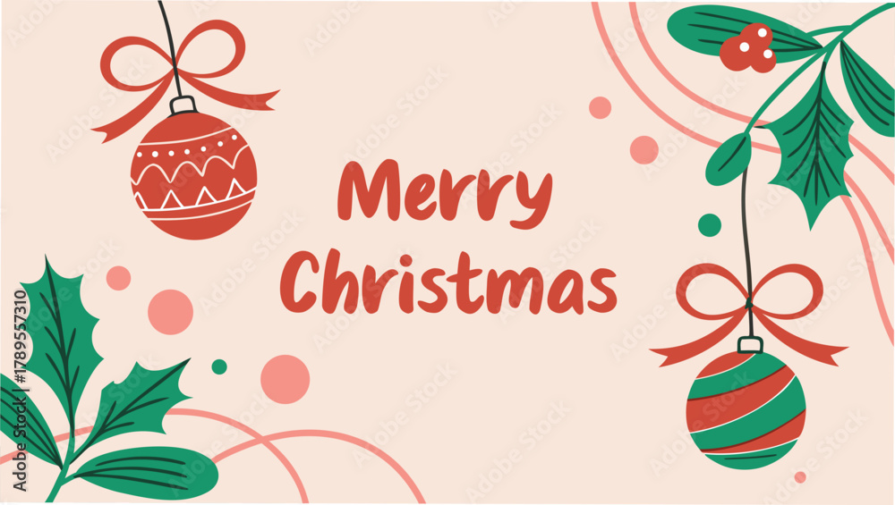 Naklejka premium WebMerry Christmas Banner with Hanging Ornaments, Holly Berries, and Pastel Background