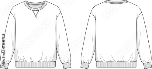 Technical Fashion CAD Drawing of a Basic Crew Neck Sweatshirt with V-stitch Detail, Front and Back View, Oversized Fit Vector Flat Illustration Template, Apparel Mockup.