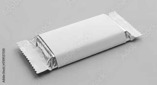 Illustration of blank white chocolate bar wrapper isolated on gray background with shadow