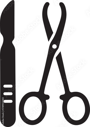 Silhouette surgical tools icon with scalpel and forceps for medical and hospital design.