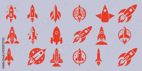 Collection of Red Rocket Ship Icons on a Light Purple Background