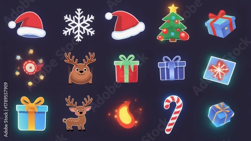christmas icons, animated cartoon, santa claus, reindeer, christmas tree, snowman, festive, holiday, 3D, flat design, glowing, cute, animation pack, merry christmas, new year, celebration, winter, 