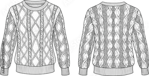 Basic crew neck sweatshirt technical flat sketch vector illustration with long sleeves, ribbed cuffs and hem, front and back blank template for apparel design.