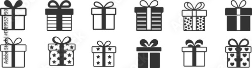 Colorful gift box icons, festive wrapped presents, holiday celebration packaging, decorative ribbons, birthday surprise, Christmas party, vector illustration, design elements