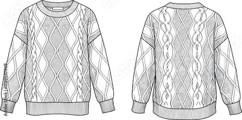 Women's Oversized Cable Knit Sweater Flat Technical Drawing, Diamond Argyle Pattern, Fashion CAD Vector Illustration, Front and Back View, Classic Winter Apparel Design.