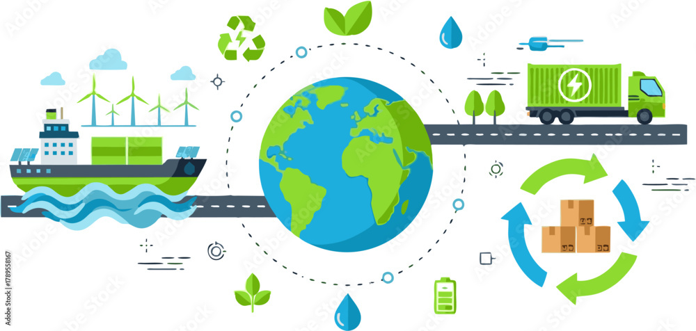 Fototapeta premium Vector infographic concept of sustainable global logistics, showing eco-friendly transport like ships and electric trucks with renewable energy