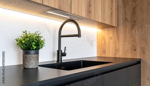 Modern kitchen sink with black faucet and countertop.