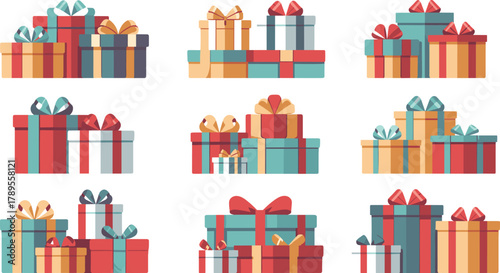 Colorful gift boxes vector illustration, festive present packages collection, wrapped birthday and Christmas gifts with ribbons, celebration design clipart art
