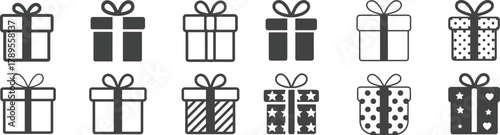 Black and white gift box icons set, minimal present design vector, simple outline holiday packages with ribbons illustration clipart