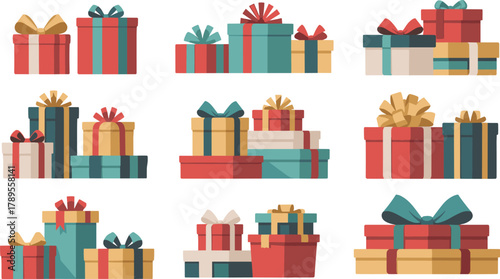 Colorful gift boxes vector illustration, festive presents collection with ribbons, birthday and Christmas wrapping packages, holiday celebration design clipart art