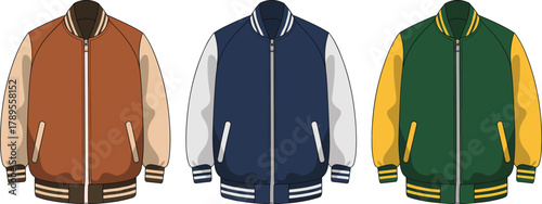 Stylish varsity jacket collection, casual baseball bomber outerwear design, trendy streetwear fashion illustration, detailed cad drawing, flat vector artwork, apparel mockup