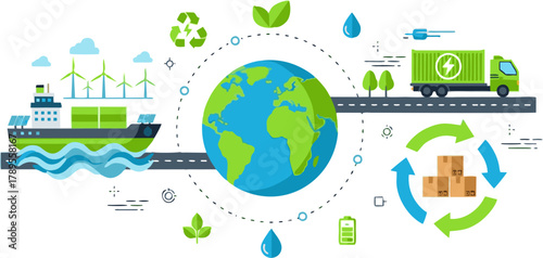 Vector infographic concept of sustainable global logistics, showing eco-friendly transport like ships and electric trucks with renewable energy
