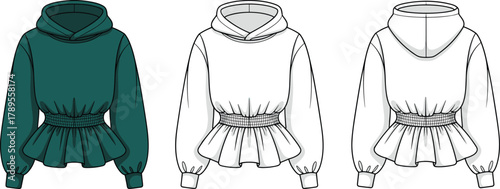 Trendy women peplum hoodie sweatshirt design, fashionable casual top illustration, modern clothing template, digital cad drawing, flat vector apparel art