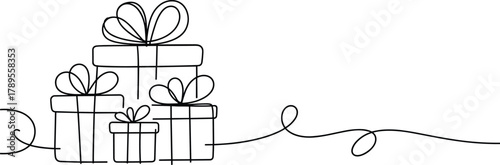 Continuous line art gift boxes illustration, minimalist present drawing, elegant holiday celebration design, black and white vector, simple festive decoration