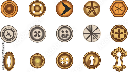 Vintage sewing buttons and keyhole collection, metal and plastic button set, retro fashion accessories, clothing detail, antique design illustration, vector art
