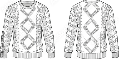 Cable knit sweater technical flat sketch vector illustration with argyle-style diamond pattern, ribbed trim, front and back view for luxury knitwear apparel design.