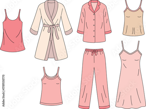 Women sleepwear fashion set, nightwear collection, robe, camisole, pajama top and bottom, satin night dress, elegant design, cad drawing flat vector illustration