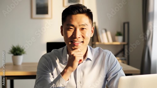 Happy Asian man waving smiling at camera in home office.