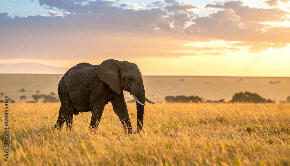 Fototapeta premium Majestic Elephant Strolling Through Golden Savannah at Sunset.