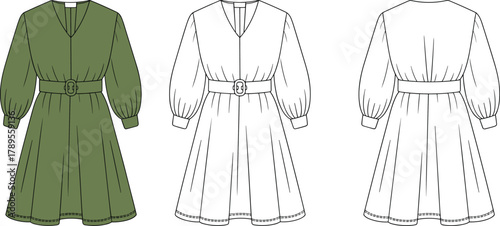 Women dress design flat sketch, long sleeve belted midi dress, elegant apparel technical drawing, clothing CAD template vector illustration